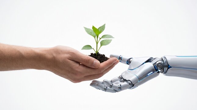 Human hand holding soil with a small green seedling sprout toward an open white robot hand, symbolizing sustainable technology, green AI, environmental protection, and eco-innovation.