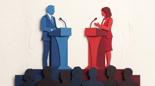 Political debate between a man and a woman candidates standing at podiums with audience silhouettes watching