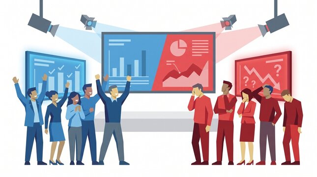 Business team celebrating success while another team looks dejected with falling charts