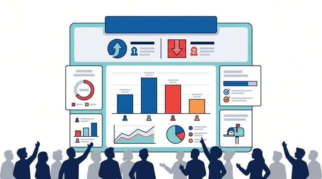 Diverse group of people observing a digital presentation with charts and graphs