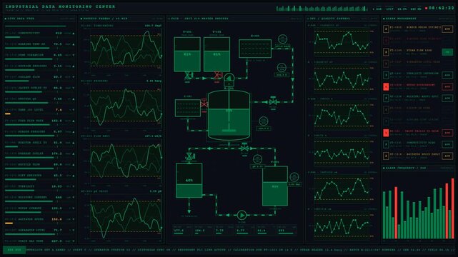 Experience a cutting-edge industrial data monitoring center interface with a retro-futuristic design, featuring detailed graphs and real-time data visualization in a dark green palette.