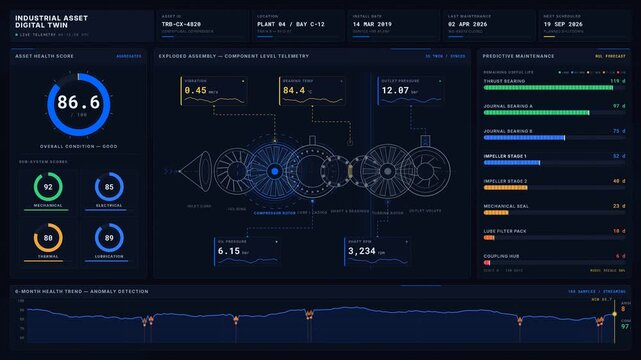 A detailed 4K industrial asset digital twin dashboard featuring a 3D exploded view of a turbine assembly with interactive sensor readings and predictive maintenance visuals.