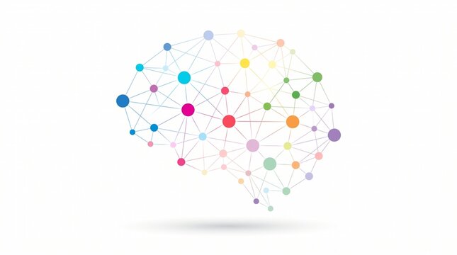 A clean minimalist conceptual illustration of a human brain silhouette constructed from an intricate network of interconnected colorful nodes and thin geometric lines, representing AI