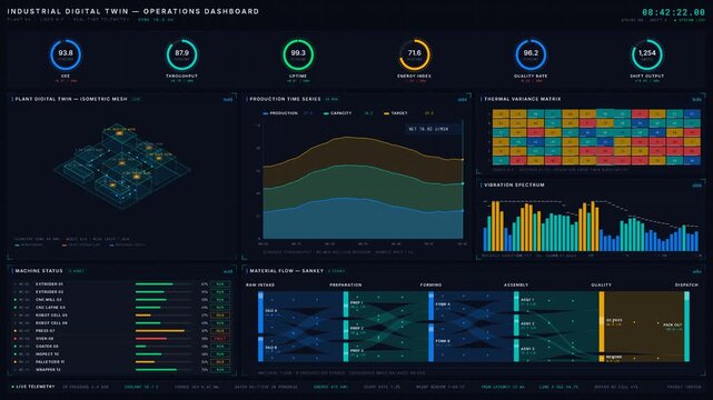 Explore a high-tech industrial digital twin operations dashboard featuring a 3D isometric plant model with animated metrics, vibrant colors, and real-time data visualizations.