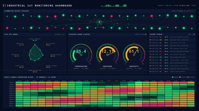 Explore an advanced Industrial IoT Monitoring Dashboard featuring real-time data visualizations, sensor metrics, and animated elements in a sleek dark interface with vibrant accents.