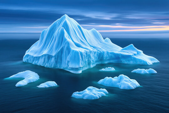 Arctic iceberg icy ocean cold water blue sky aerial view seascape polar region floating ice frozen water