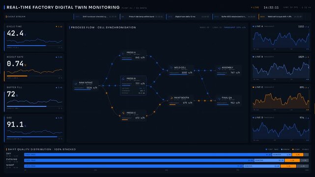 Real-time digital twin monitoring in a factory environment showcasing animated process flow diagrams, metrics, and charts in a visually engaging layout.