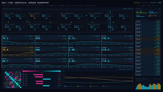 Explore a vibrant 4K industrial sensor dashboard interface featuring a bioluminescent color palette and real-time data visualization for factory monitoring and analytics.