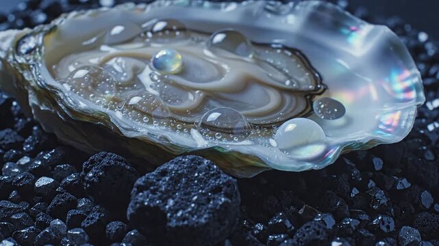 Lustrous oyster shell containing pearls and water droplets on black volcanic stones macro view