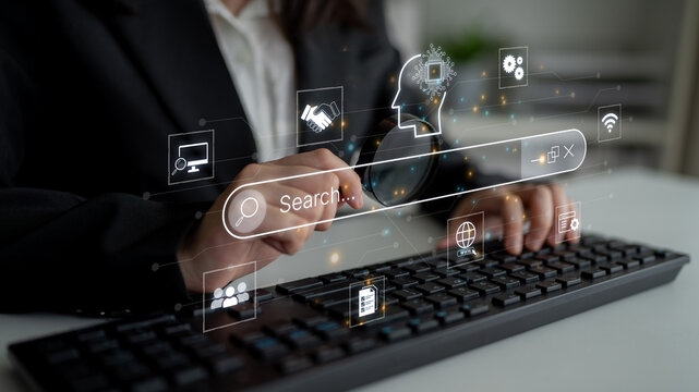 Artificial intelligence AI search concept enabling smarter discovery, recommendations to digital services and knowledge. Generative AI search engine algorithm provide user intent result. Corpus