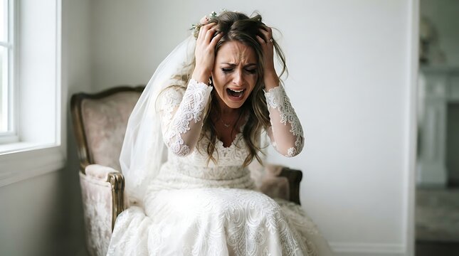 Distraught bride in a wedding dress crying and holding her head in despair isolated on white background