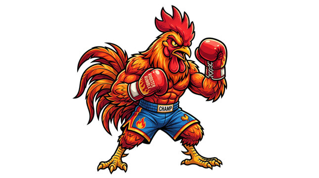 Muscular rooster boxer illustration, aggressive fighter chicken in red boxing gloves, athletic animal mascot for sports and fitness branding