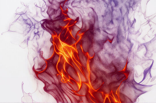 Abstract fluid energy background with glowing orange fire-like streaks and intricate purple line textures on white