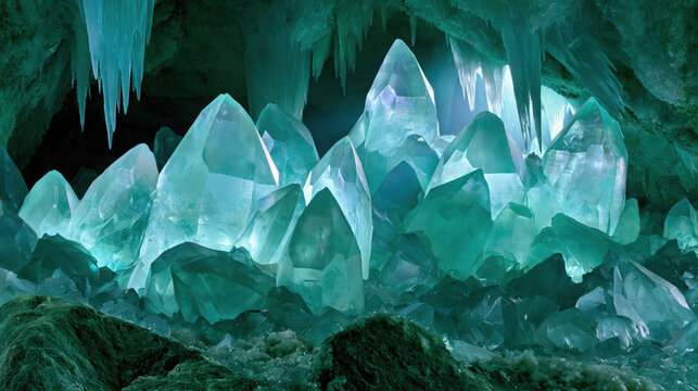 Crystal cave with large blue green mineral formation and icy light