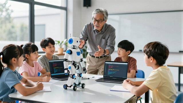 Teacher teaches kids robotics with a small robot in a bright classroom.