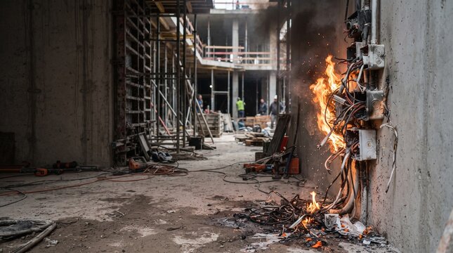 Electrical fire burning on a wall at an active construction site.