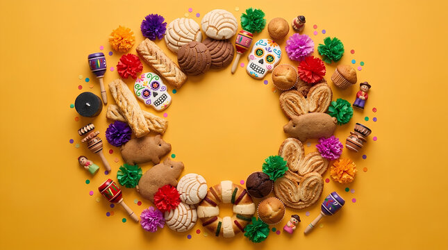 Mexican sweet bread pan dulce and sugar skulls festive flat lay on yellow background with copy space