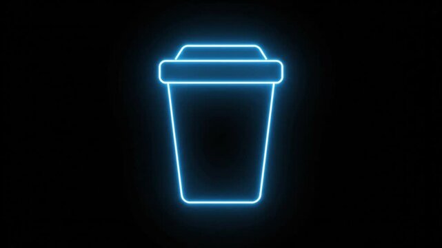 Neon blue coffee cup icon on black background, glowing take away beverage outline, luminous caffeine drink symbol for cafe signage