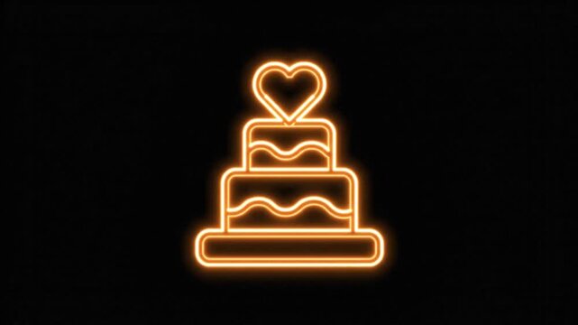 Glowing neon wedding cake icon, orange light heart topper on tiered cake, luminous bakery symbol for celebration and marriage events