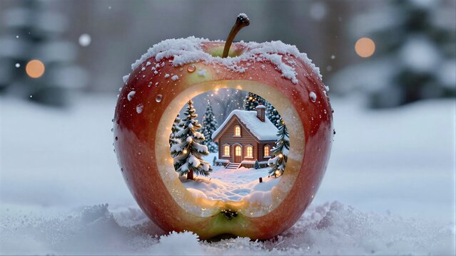 Snowy apple with cozy house inside, glowing lights in winter wonderland.