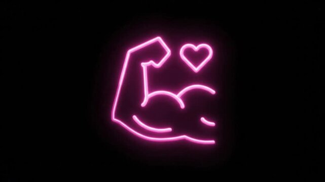 Neon pink bicep muscle with heart icon. Glowing fitness arm and health symbol on black background. Vibrant electric gym sign for workout motivation.