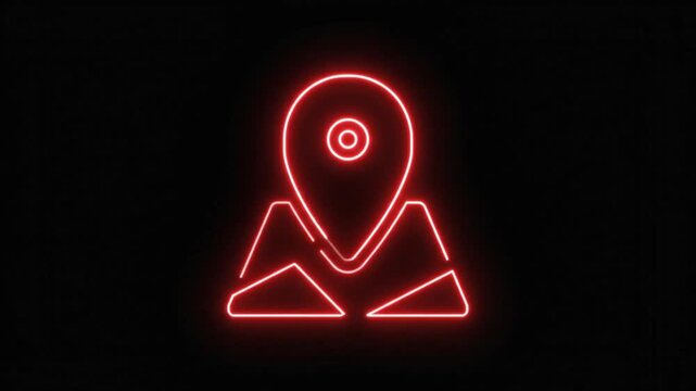 Red neon map pin icon, glowing location marker on black background, luminous GPS navigation symbol for digital interface