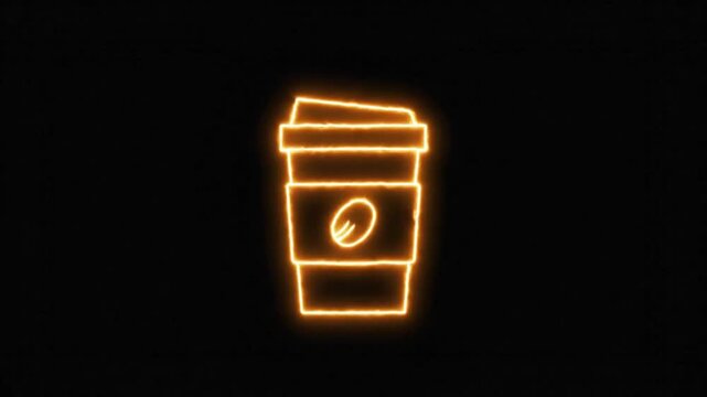 Neon coffee cup icon glowing on black background. Orange light outline of takeout coffee mug. Minimalist beverage animation for cafe signage.