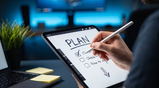 Close up of hands using stylus to write business plan and checklist on digital tablet screen.