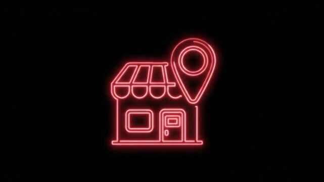 Glowing red neon store location icon, digital shop building with map pin pointer, local business retail navigation symbol on black background