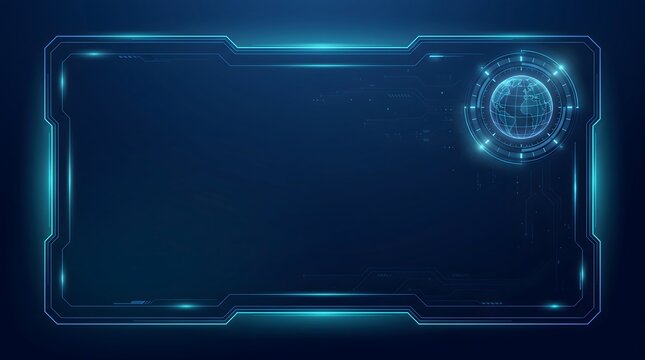 Futuristic digital interface template displaying glowing blue heads up display frame with global communication radar icon.