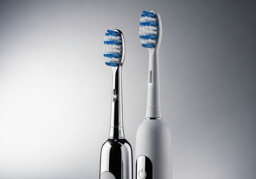 Two modern electric toothbrushes standing side by side