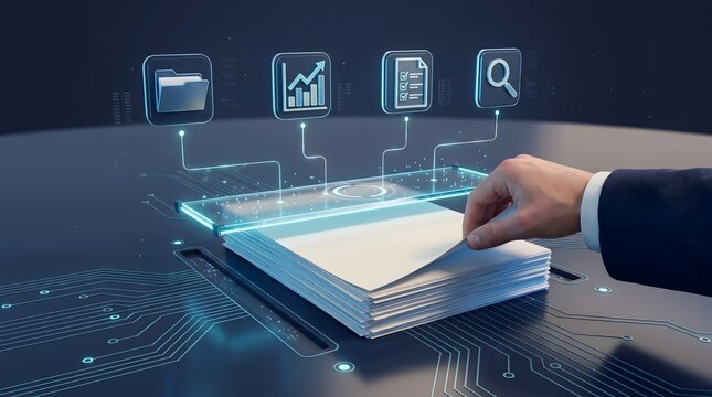 Document digitization process concept with hand lifting paper under glowing holographic scanner and data management icons.