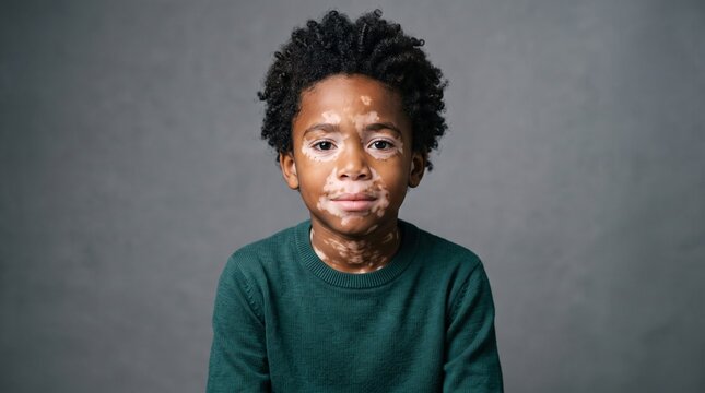 Portrait of Black child with vitiligo depigmentation patches on face and neck looking at camera on neutral background