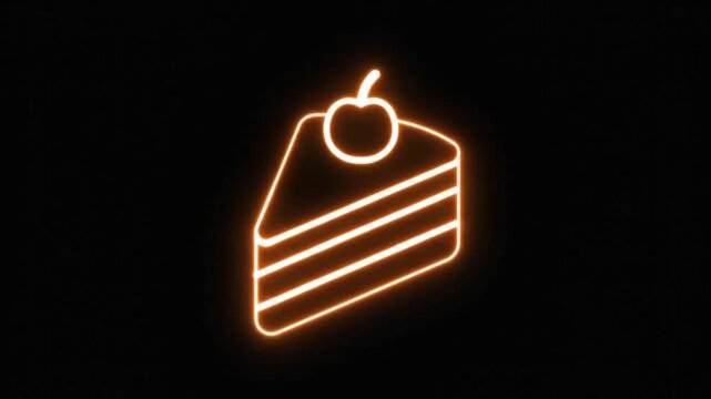 Neon cake slice icon with cherry, glowing orange dessert sign on black background, retro bakery light animation for cafe menu