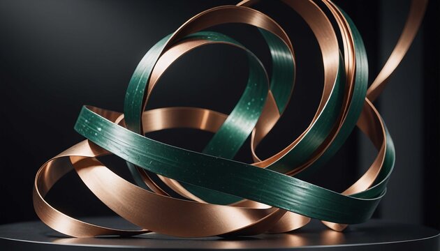 Abstract copper green ribbon metallic modern sculpture render