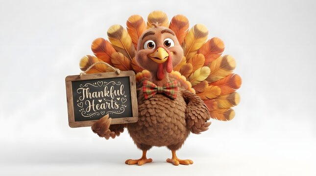 Cute cartoon turkey holding a chalkboard sign that says thankful hearts, isolated on white background