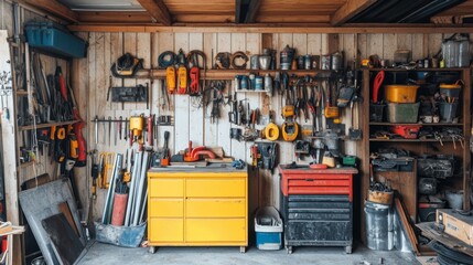 Fototapeta premium A well-organized garage workshop showcasing tools, shelves, and cabinets against a wooden backdrop