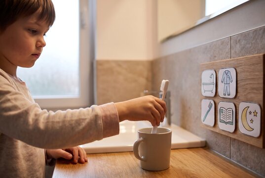 Child Packing Backpack Using Visual School Routine