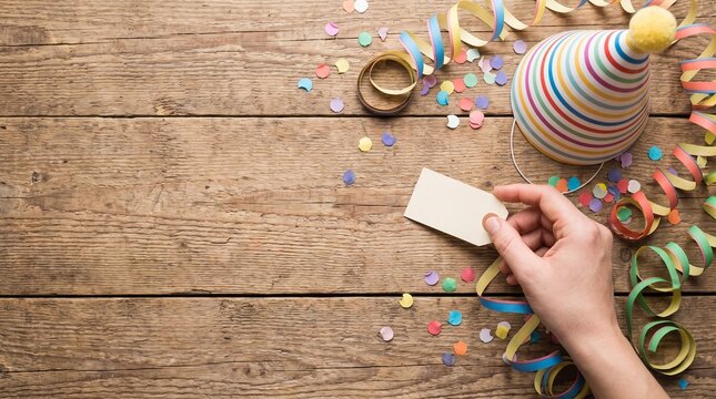 Hand holding blank tag with party hat and confetti on rustic wooden table