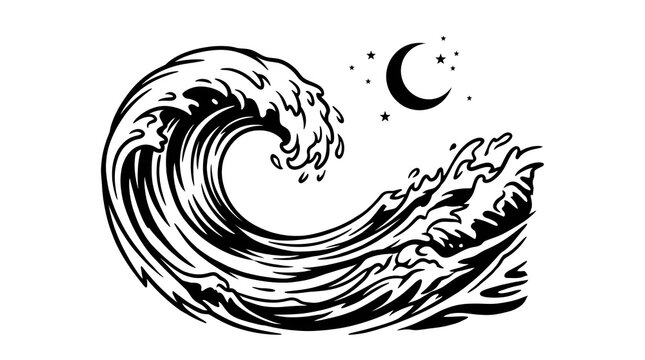 Vintage ocean wave illustration, black and white nautical line art, crashing sea wave with crescent moon and stars, retro surf style graphic