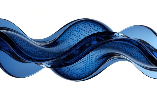 3D Abstract Blue Liquid Wave with Hexagon Grid Texture Isolated on White Background