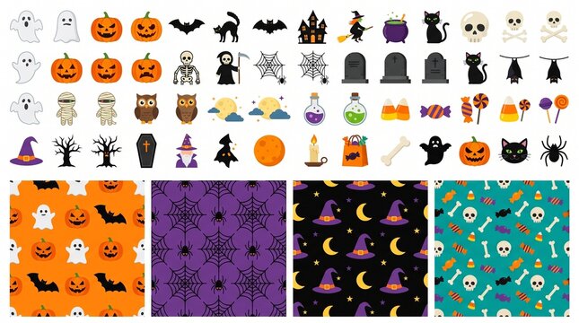 Collection of Halloween Icons and Seamless Patterns Featuring Ghosts Pumpkins Bats Skeletons and More