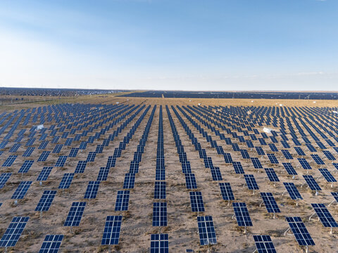 rows of solar panels under blue sky