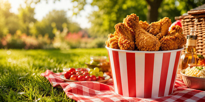 Crispy Fried Chicken Bucket Ready for Picnic on Green Grass