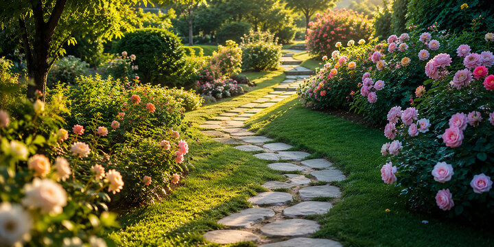 Beautiful Stone Pathway Winding Through Blooming Rose Garden in Sunlight