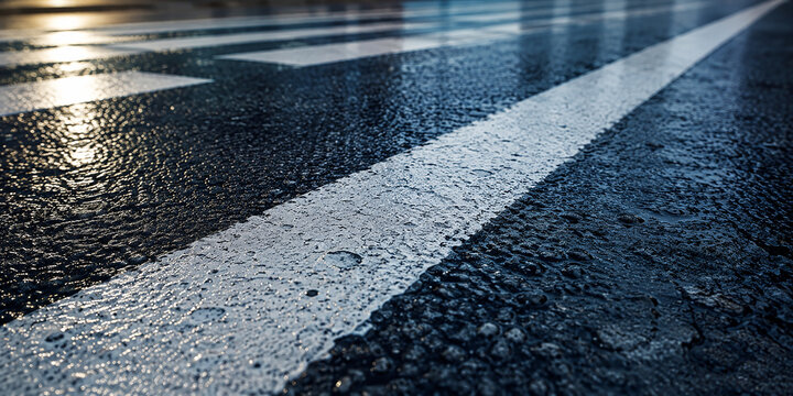 Wet Asphalt Road Surface with White Lane Markings After Rain