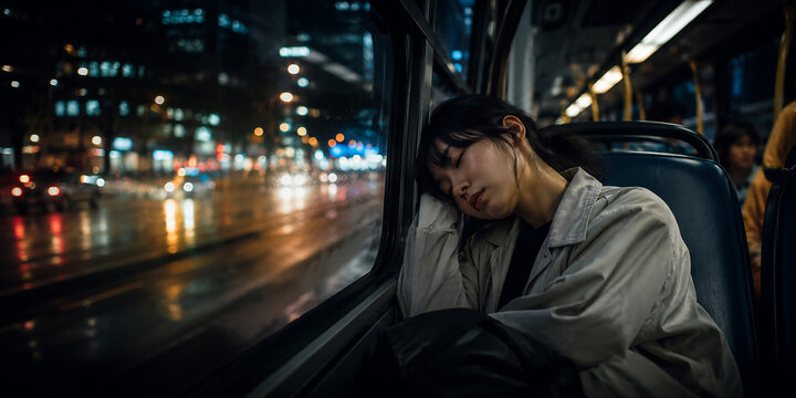 Young Woman Sleeping Against Bus Window During City Night Commute