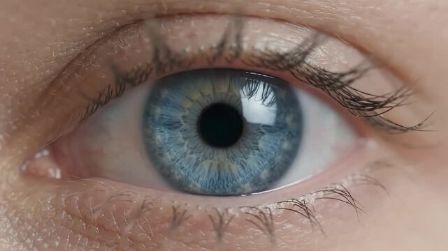Extreme macro close-up of a human blue eye staring into camera and blinking. Detailed iris texture, pupil, eyelashes, and natural light reflection. Ideal for science, health, vision, and human emotion