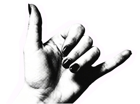 Shaka hand gesture illustration showing a relaxed surf culture sign on white background