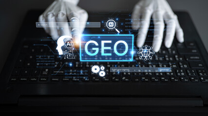Naklejka premium Digital marketing concept featuring GEO strategy. Generative AI search visual shows GEO interface integrating intelligence, logic, and AI input system for prompt tasks. Corpus